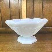 7.5” x 7” Milk Glass Indiana Glass Teardrop Compote Pedestal Bowl & 9” x 6” Vintage Large Milk Glass Fruit Bowl Grape Pattern