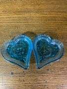Green Tiara Glass Starburst Platter, Two Blue Heart Dishes & Tiara Indiana Glass Blue Art Deco Divided nut tray