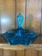 Green Tiara Glass Starburst Platter, Two Blue Heart Dishes & Tiara Indiana Glass Blue Art Deco Divided nut tray
