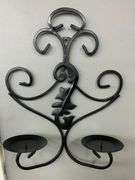 Two Black Wrought Iron Candle Holder Wall Scones