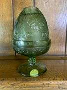 Black Tiara Glass Butter Dish, Amber & Olive Green Candle Holders