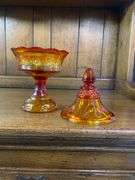 TIARA EXCLUSIVES GLASS RED AMBER CANDY DISH & Amber Heart Dish