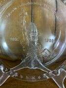 Tiara Indiana Glass Ice Blue Colonial Eagle and Stars Candy Box, Tiara Exclusives Year of the Eagle 1782-1982 Amber Plate & Tiara Glass Liberty Enlightening The World Collector Plate