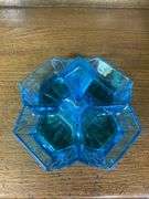 Green Tiara Glass Starburst Platter, Two Blue Heart Dishes & Tiara Indiana Glass Blue Art Deco Divided nut tray