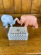 Blue & Pink Tiara Glass Elephants & a Hobnail Trinket Box