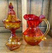 TIARA EXCLUSIVES GLASS RED AMBER CANDY DISH & Amber Heart Dish