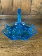 Green Tiara Glass Starburst Platter, Two Blue Heart Dishes & Tiara Indiana Glass Blue Art Deco Divided nut tray