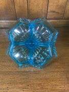 Green Tiara Glass Starburst Platter, Two Blue Heart Dishes & Tiara Indiana Glass Blue Art Deco Divided nut tray