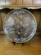 Tiara Glass Amber Cake Plate, 12” Ponderosa Pine Cone Tray/Platter & 7” Olive Green Candle Holder