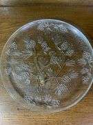 Tiara Glass Amber Cake Plate, 12” Ponderosa Pine Cone Tray/Platter & 7” Olive Green Candle Holder