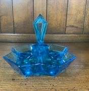 Green Tiara Glass Starburst Platter, Two Blue Heart Dishes & Tiara Indiana Glass Blue Art Deco Divided nut tray