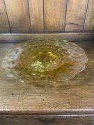 Tiara Glass Amber Cake Plate, 12” Ponderosa Pine Cone Tray/Platter & 7” Olive Green Candle Holder