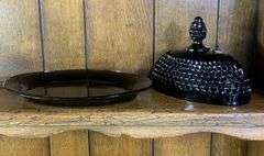 Black Tiara Glass Butter Dish, Amber & Olive Green Candle Holders