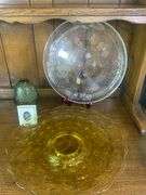 Tiara Glass Amber Cake Plate, 12” Ponderosa Pine Cone Tray/Platter & 7” Olive Green Candle Holder