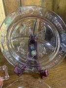 Vintage Pink Tiara Glass Childrens 3 piece Set, Kids Rocking Chair & Stuffed Bear Bunny Toy