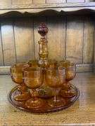 Vintage 70’s Tiara Amber Sandwich  Wine Set-Tray Goblets Decanter 11 Pcs.