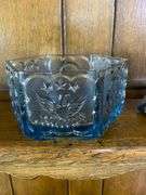 Tiara Indiana Glass Ice Blue Colonial Eagle and Stars Candy Box, Tiara Exclusives Year of the Eagle 1782-1982 Amber Plate & Tiara Glass Liberty Enlightening The World Collector Plate