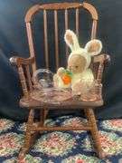Vintage Pink Tiara Glass Childrens 3 piece Set, Kids Rocking Chair & Stuffed Bear Bunny Toy