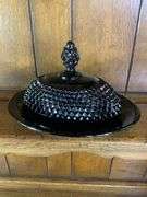 Black Tiara Glass Butter Dish, Amber & Olive Green Candle Holders