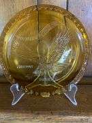 Tiara Indiana Glass Ice Blue Colonial Eagle and Stars Candy Box, Tiara Exclusives Year of the Eagle 1782-1982 Amber Plate & Tiara Glass Liberty Enlightening The World Collector Plate