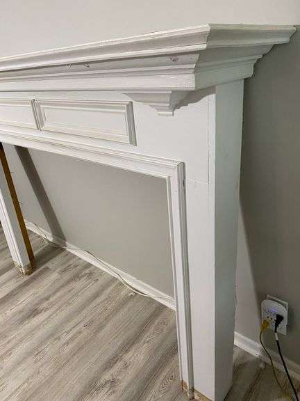 White Wooden Mantle  75”W x 53”H x 14”D