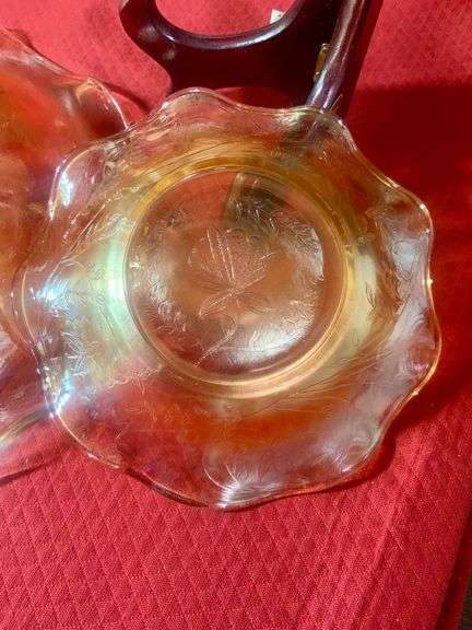 Vintage 1950s Jeanette Marigold Carnival Glass Deer Fawn Vanity Trinket Dish & Two Marigold Bowls