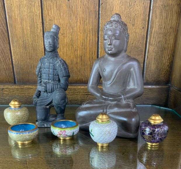Chinese Mud Warrior Figurine, Budda Figurine, 3 Cloisonné Shakers & Two Salt Seller