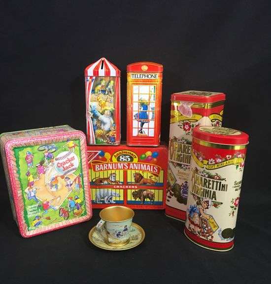4 Vintage Tins, Two Piggy Bank Tins & A Tin Teacup