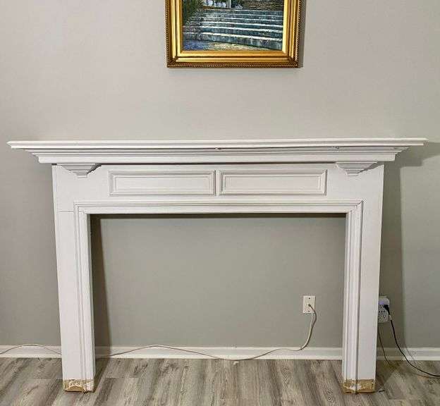 White Wooden Mantle  75”W x 53”H x 14”D