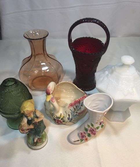 Large Vintage Glass, Ceramic Favorites, Red Amberina  glass basket, Green Fairy Light
