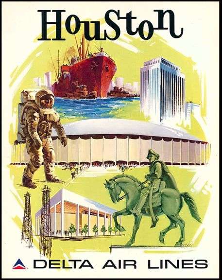 Vintage Authentic Houston Delta Airlines Poster 28” x 22”