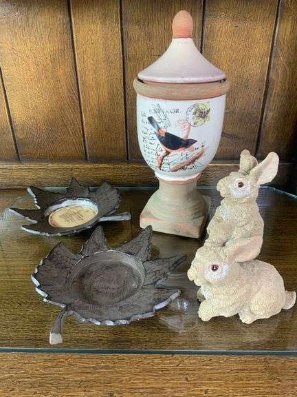 Two Resin Rabbit Figurines, Two Metal Leaf Candle Holder & Glazed Ginger Jar