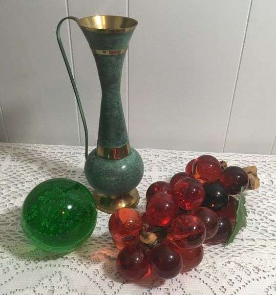 MCM Lucite Grapes, Emerald Green Glass Blown Paperweight & 11" Brass Vase