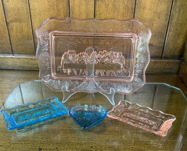 Pink Tiara Glass Bread Dish, Pink & Blue Butter Dishes & a Blue Heart Dish