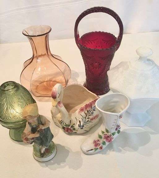 Large Vintage Glass, Ceramic Favorites, Red Amberina  glass basket, Green Fairy Light