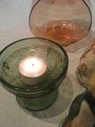 Large Vintage Glass, Ceramic Favorites, Red Amberina  glass basket, Green Fairy Light
