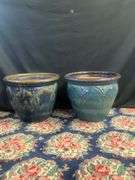 Two Large Blue Glazed Planter 15”