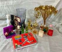 Clear Tiara Glass Sheet Cake Plate, Gold Wired Tree & 12 Vintage Fragrances