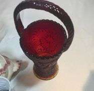 Large Vintage Glass, Ceramic Favorites, Red Amberina  glass basket, Green Fairy Light