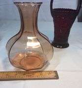 Large Vintage Glass, Ceramic Favorites, Red Amberina  glass basket, Green Fairy Light