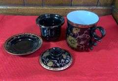 10” Oriental Vase & Two Porcelian Girl Sugars & black mug for tea