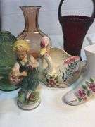Large Vintage Glass, Ceramic Favorites, Red Amberina  glass basket, Green Fairy Light