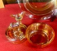 Vintage 1950s Jeanette Marigold Carnival Glass Deer Fawn Vanity Trinket Dish & Two Marigold Bowls
