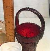 Large Vintage Glass, Ceramic Favorites, Red Amberina  glass basket, Green Fairy Light