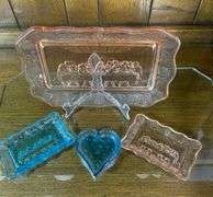 Pink Tiara Glass Bread Dish, Pink & Blue Butter Dishes & a Blue Heart Dish
