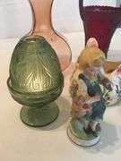 Large Vintage Glass, Ceramic Favorites, Red Amberina  glass basket, Green Fairy Light