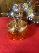 Vintage 1950s Jeanette Marigold Carnival Glass Deer Fawn Vanity Trinket Dish & Two Marigold Bowls