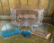 Pink Tiara Glass Bread Dish, Pink & Blue Butter Dishes & a Blue Heart Dish