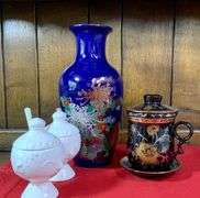 10” Oriental Vase & Two Porcelian Girl Sugars & black mug for tea