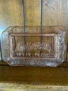 Pink Tiara Glass Bread Dish, Pink & Blue Butter Dishes & a Blue Heart Dish